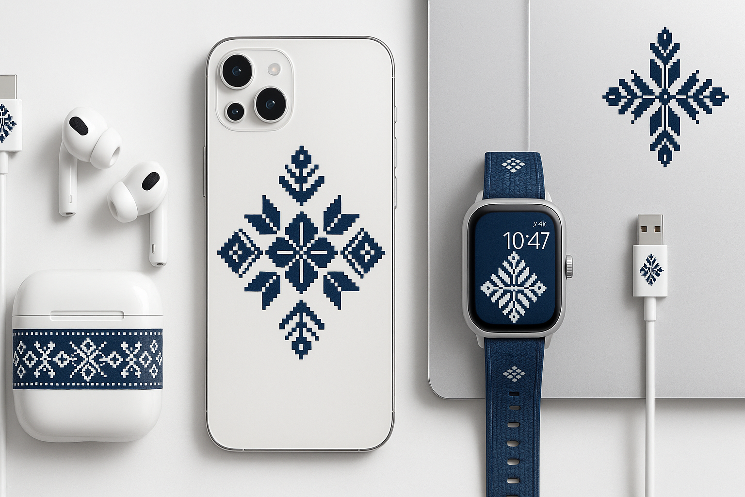 Generate a long image that incorporates technology, Romania, accessories, main colours, white background and accents #001f3e.
The tech objects must be perfectly crafted, realistic, and appear as if they are photographs, all authentic.